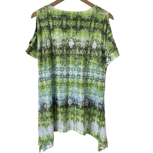 Jess & Jane Womens Tie Dye Tunic Top L Artsy Rhinestone Shark Bite Green Blouse - Picture 6 of 13